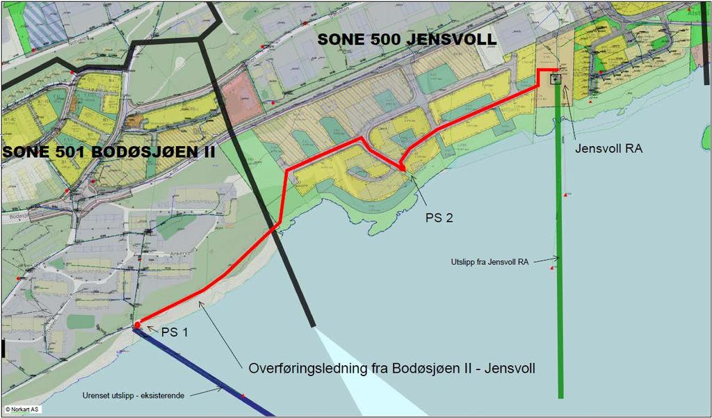 Figur 16 Antatt trase for overføring av avløp fra Bodøsjøen II til Jensvoll Det planlegges etablert en pumpestasjon også innenfor det regulerte boligområdet.