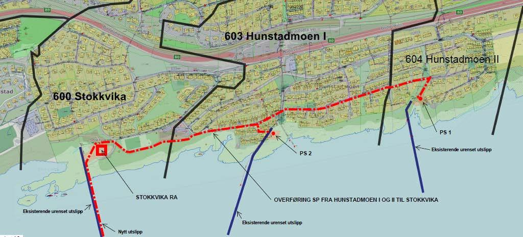 I dag går avløpene fra sonene 603 og 605, Hunstadmoen I og II, direkte ut i Saltenfjorden som 2 urensede utslipp.