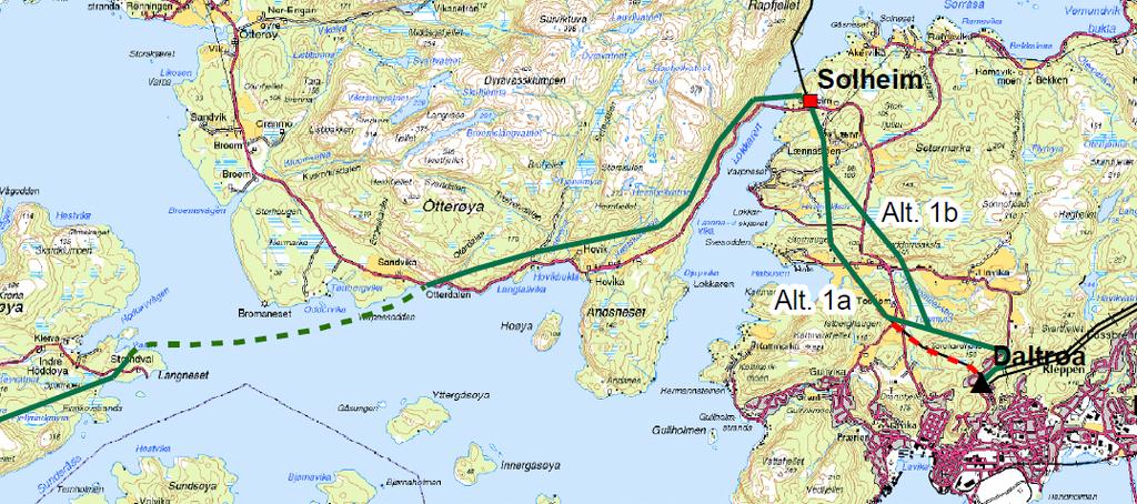 Side 12 Kart 5: Kartutsnitt av trasé fra Hoddøya til Daltrøa. Kilde: Konsesjonssøknad samordnet nettilknytning for Innvordfjellet og Breivikfjellet vindkraftverk på Nord-Fosen, 2010.