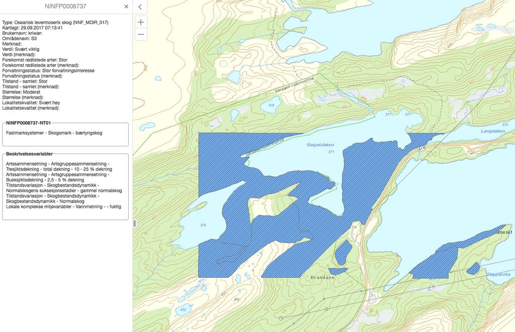 Figur 21 Utsnitt av NiN-app fra våre to kartleggingsruter i Sørvassdalen, Bremanger kommuner, Sogn og Fjordane fylke, med egenskapsdata for en av de sentrale figurene som ble kartlagt der.