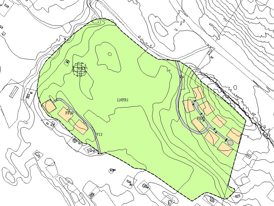 Beskrivelse av planforslaget Endring omfatter følgende reguleringsformål: Reguleringsformål: LNFR - ca 186 daa Fritidsbebyggelse - FF27: 8 tomter på ca 1 da.