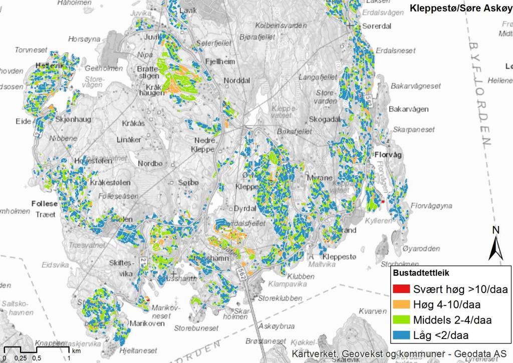 3 Resultat 3.1 DAGENS BUSTADOMRÅDER Bustadområda på Askøy har ein overvekt av eigedommar med låg tettleik, det vil sei færre enn 2 bustader per dekar.