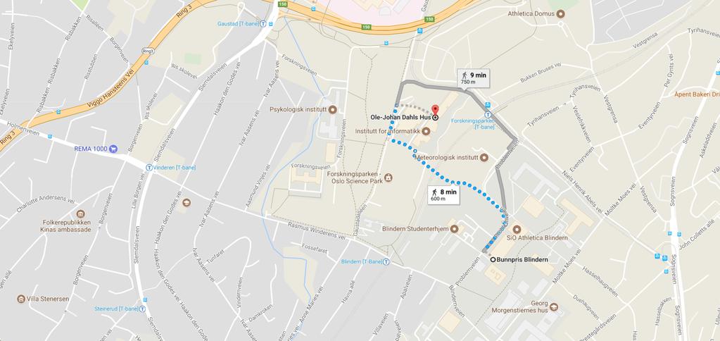 Korteste vei en-til-alle Bunnpris Blindern, Problemveien, Oslo til Ole-Johan Dahls Hus... https://www.google.no/maps/dir/bunnpris+blindern,+problemve.