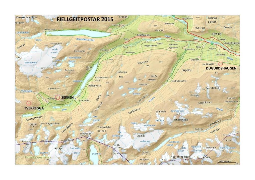 Kartutsnitt: Figur 1. Oversiktskart som syner dei fem turane til Fjellgeita Skjåk IL. Kunnskapen om området er god. Det er god oversikt over biotopar og artsmangfald i områda det gjeld.