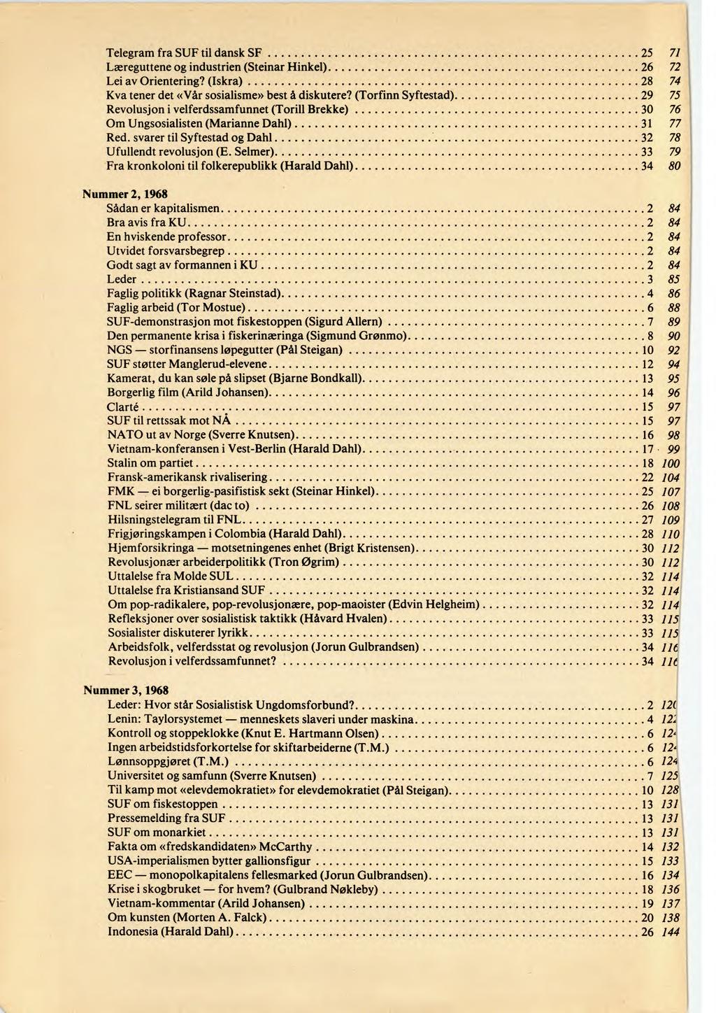 Telegram fra SUF til dansk SF 25 71 Læreguttene og industrien (Steinar Hinkel) 26 72 Lei av Orientering? (Iskra) 28 74 Kva tener det «Vår sosialisme» best å diskutere?