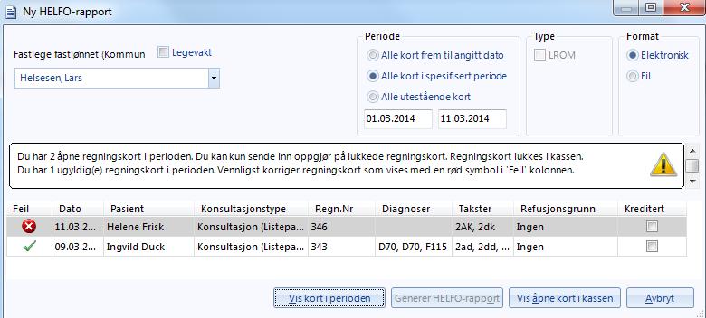 Nederst på bildet finnes fire knapper: Vis alle kort som kan sendes inn til Helfo Denne knappen tar deg til kassemodulen hvor alle åpne (ubehandlede) regningskort vil vises.