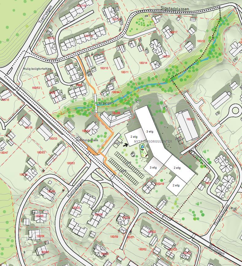 dfdfdddddddddddddddd Område for bolighusutvikling Nytt omsorgssenter Figur 3: Skisse til regulering som viser planlagt plassering av nytt omsorgssenter. 3 Regelverk og grenseverdier 3.