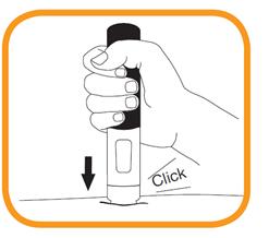 Trykk den ferdigfylte pennen bestemt mot huden. Injeksjonen starter når du hører et første klikk og den oransje stripen nederst på den ferdigfylte pennen forsvinner.