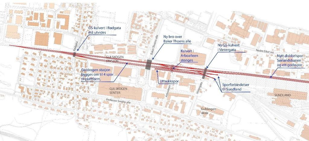 10 av 51 for at Vestfoldbanen skal kunne krysse under. Vestfoldbanen føres videre i kulvert frem til nord for Konnerudgata, deretter i en løsmassetunnel frem til bergpåhugg i Strømsåsen.