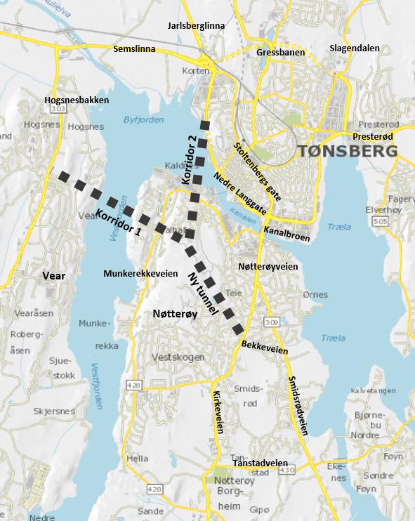 5 Sammendrag Dette notatet beskriver trafikale virkninger ved å legge en ny fjordforbindelse mellom Nøtterøy og Tønsberg. Fire ulike alternativer er vurdert og disse går i to ulike korridorer.