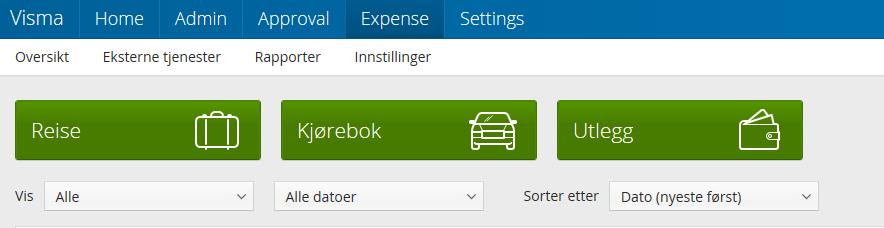 Registrere reiseregning Etter pålogging kommer du inn på startsiden i Visma.net Expense. Her kan du velge å registrere A. Reise, B. Kjørebok, eller C. Utlegg.