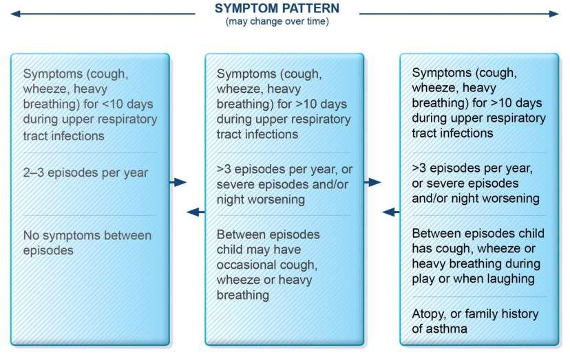Symptom patterns in children 5 years Symptomer vil variere over tid, barn < 5 år Symptomer endres over tid Symptomer (hoste, pipelyder, tungpust) for < 10 dager ved øvre luftvegsinfeksjoner Symptomer