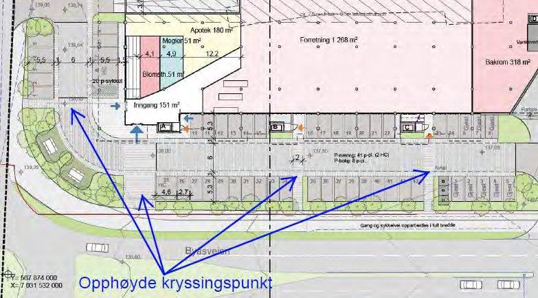 14 For å ivareta sikkerhet for myke trafikanter, handlende og beboere, defineres krysningspunkter med opphøyde gangfelt over kjøreareal, se figur 11.