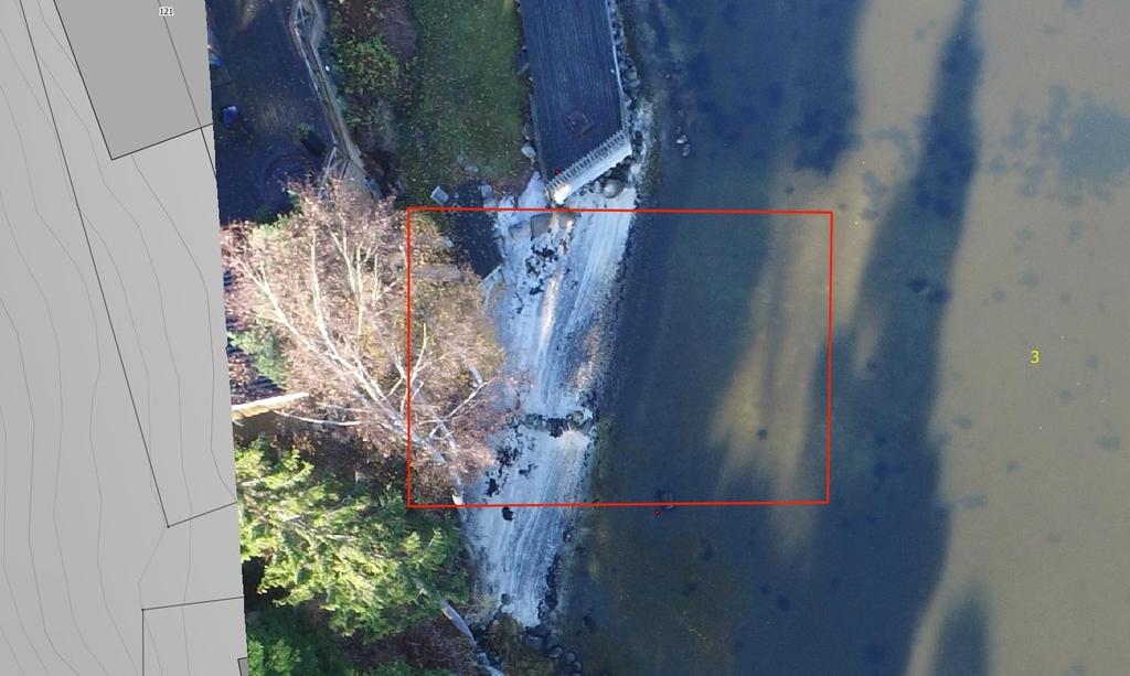 Lokalitet 3 Lokalitet 3. Dronefoto georeferert og lagt over et grunnkart i en gis-applikasjon (Topo2- gråtone).