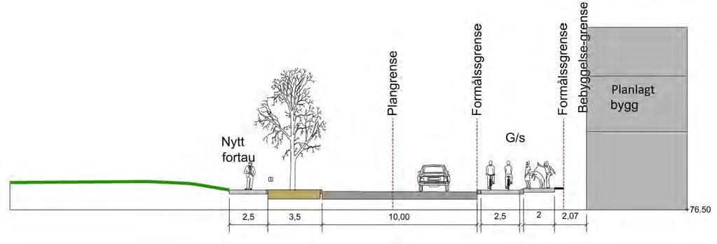 7.1.3 Forslag til tverrprofil Arnemannsveien - Brutorget Vi har sett på et alternativ der kryssingen av Arnemannsveien legges i plan, kombinert med fartsreduserende tiltak, omarbeiding av