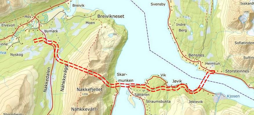 6 Beskrivelse av planområdet Planområdet strekkes seg fra Hov i Tromsø kommune, via Skarmunken og over Ullsfjorden til Storsteinnes i Lyngen kommune.