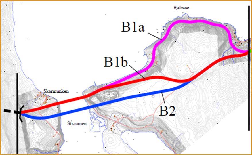 9.1.2 Beskrivelse av tiltak på delområde B B1a starter på Skarmunken (rosa trasé), har bru over Straumen, går langs dagens fylkesveg 293, og til oppfor Jøvika. Vegen er ca.
