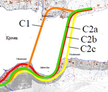 Figur 5 Tegning Samvirkebru 740 meter 9.1.5 Beskrivelse av forslag til brukryssing over Kjosen For kryssing over Kjosen har vi to ulike traséer, der en trasé har tre varianter.