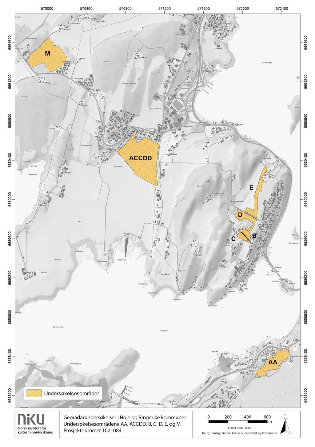 4.1 Hole kommune Figur 2: Undersøkelsesområdene i Hole kommune; Tyriheimsjordet