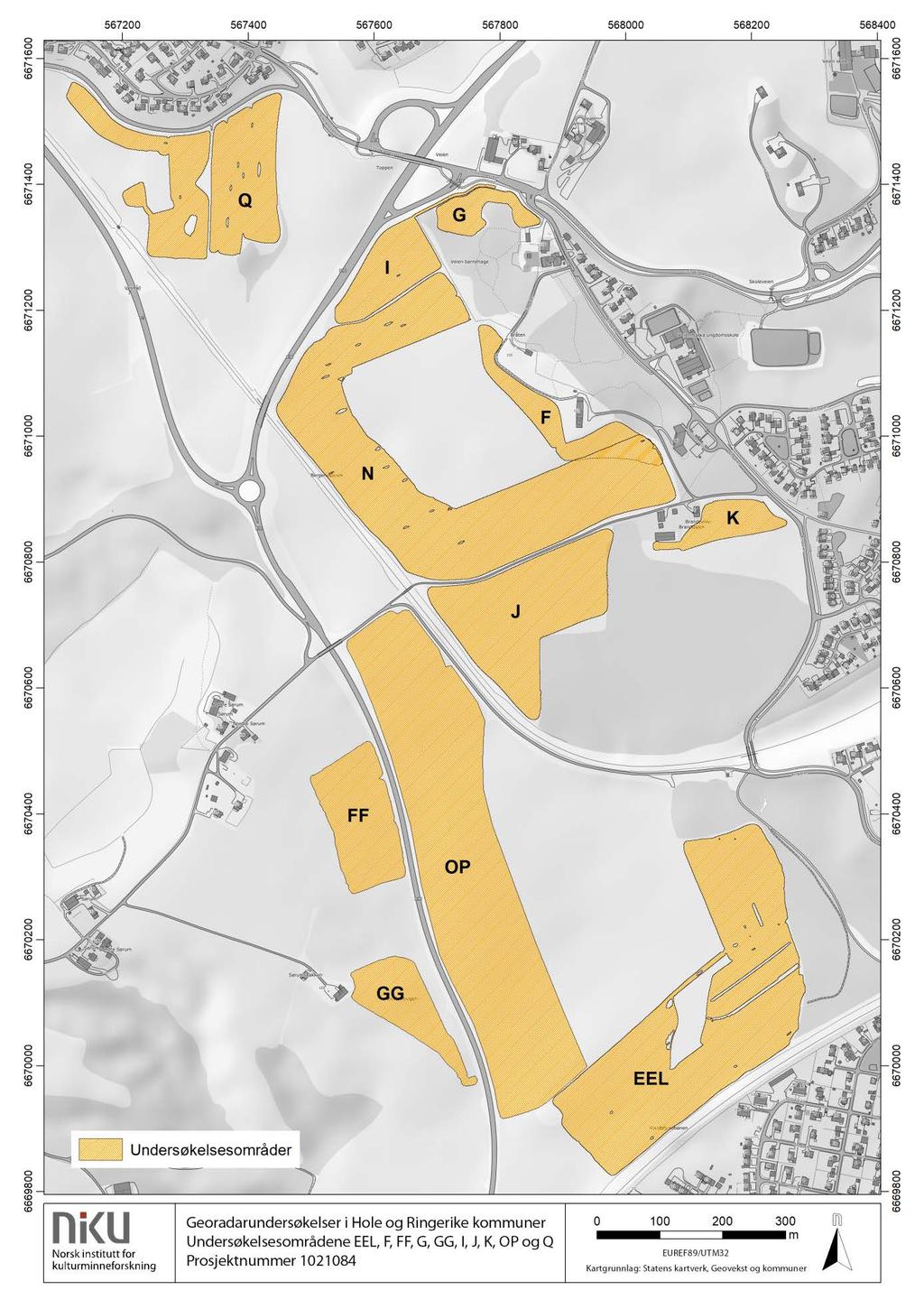 Figur 12: Undersøkelsesområdene i nordre del av traséen (Ringerike):