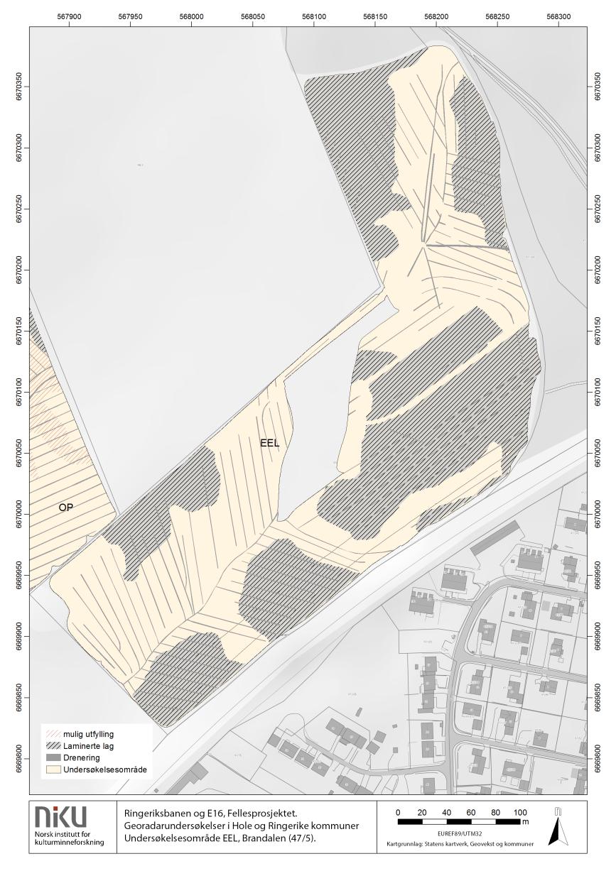 Figur 36: Tolkningskart fra område EEL, Sørumsmarka (47/5). Det ble ikke påvist arkeologiske funn i området, men grunnforholdene antyder at området har vært utsatt for planeringsarbeid. 6.2.