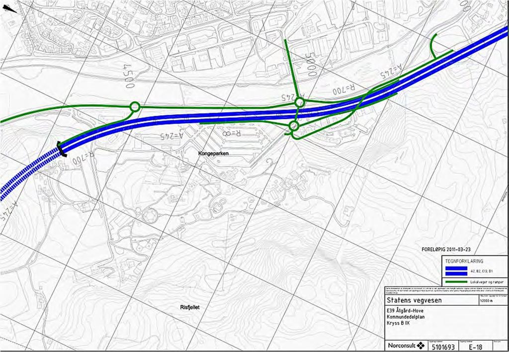 Oppdragsnr.: 50693 Eksisterende bygningsmasse og øvrige næringsarealer (Kongsgate) nordøst for krysset, må for det meste innløses. Landbrukssenteret og campinghyttene sør for må også innløses pga.