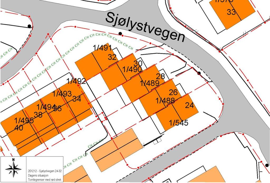 1. Dagens situasjon for Sjølystvegen 24-32, med tomtegrenser i rødt.