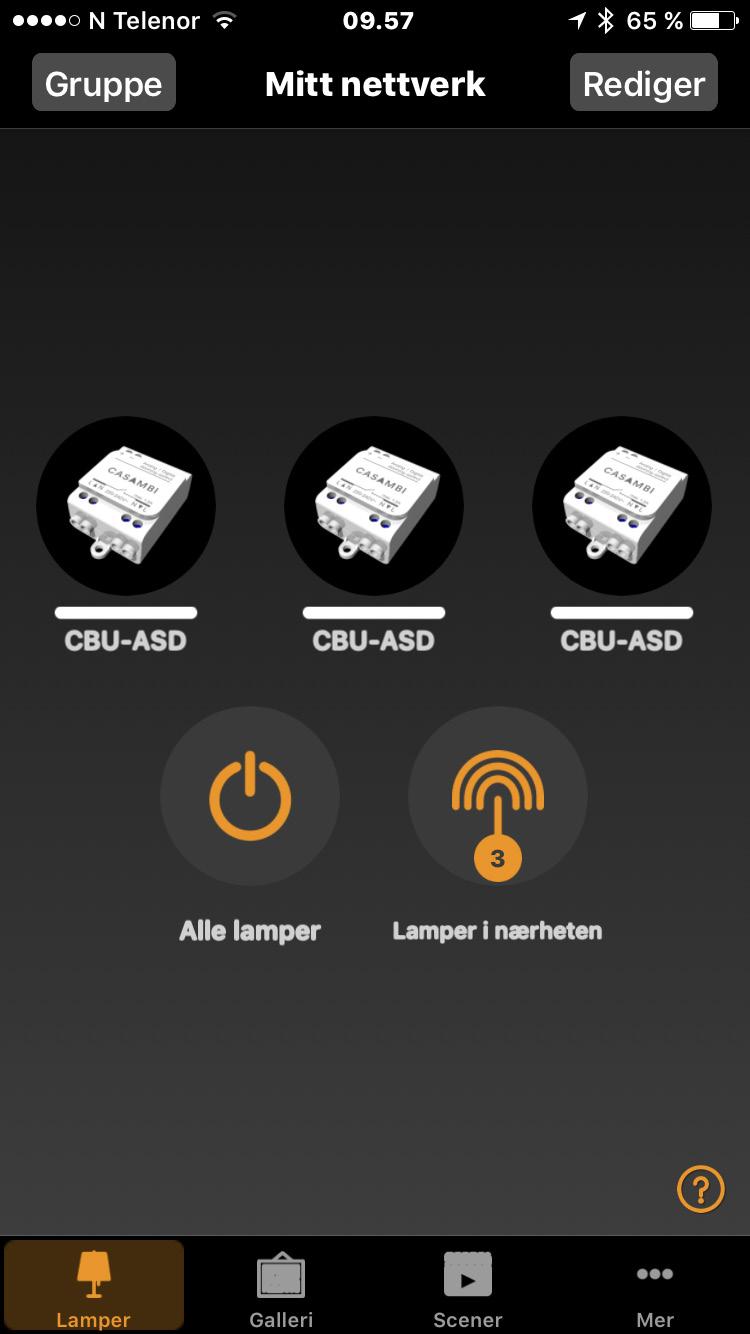 Førstegangsbruk Casambi appen er enkel å bruke, følg disse enkle instruksjonene. 1. Last ned appen fra Apple App Store eller Google Play 2. Skru på dine Casambi aktiverte lyskilder 3. Åpne appen 4.