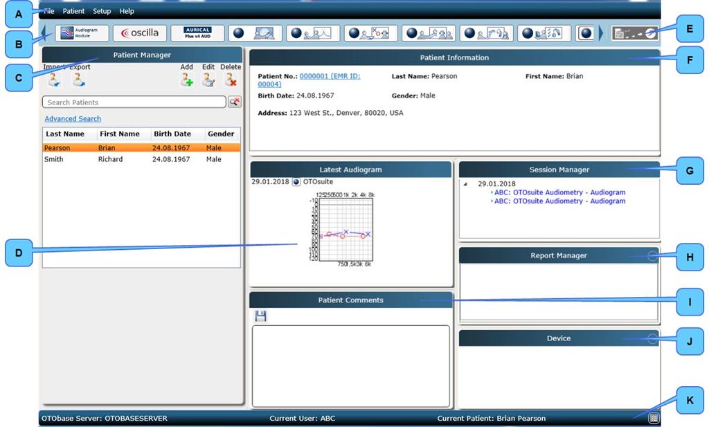 6 Bruke OTObase 6.1 OTObase hovedvinduet A. Menylinje B. Modulhåndtering C. Pasienthåndtering D. Nyeste audiogram E. Muster 15/Logg ut pasient/skriv ut forhåndsvisning-knapp F. Pasientinformasjon G.