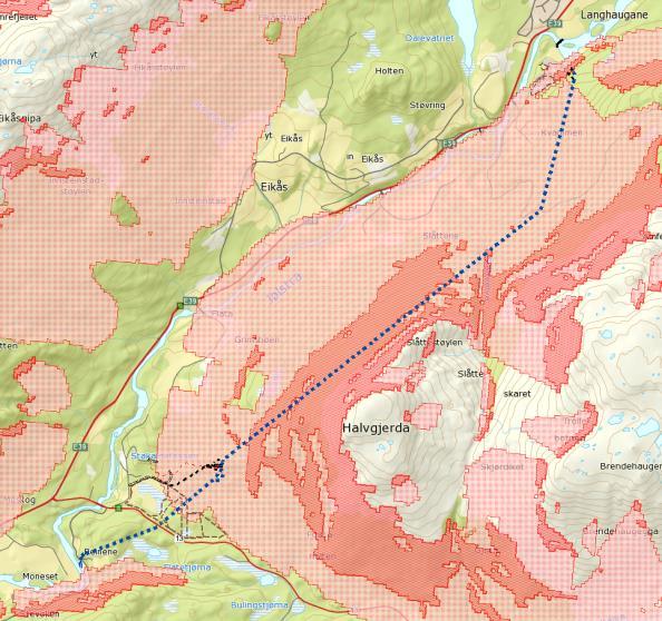 Figur 17. I kartene vises aktsomhetssoner for snøskred (rødt) og steinsprang (grå) for tiltaksområdet. Mørk farge angir utløsningsområde og lys farge utløpsområde.