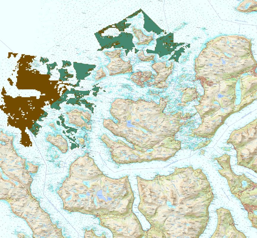 NIVA 7265-2018 Figur A2. Brunt viser de områdene som har maksimum overflatetemperatur på <16 C, minimum overflatesalinitet på >25 PSU, dyp større enn 50 m, men grunnere enn 200 m (Modell 4).