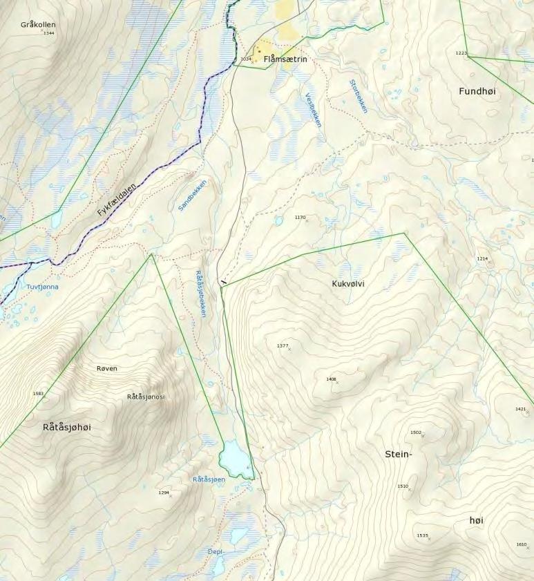 Kart 1. Kart over bl.a. Råtåsjøen og Flåmsetrene.