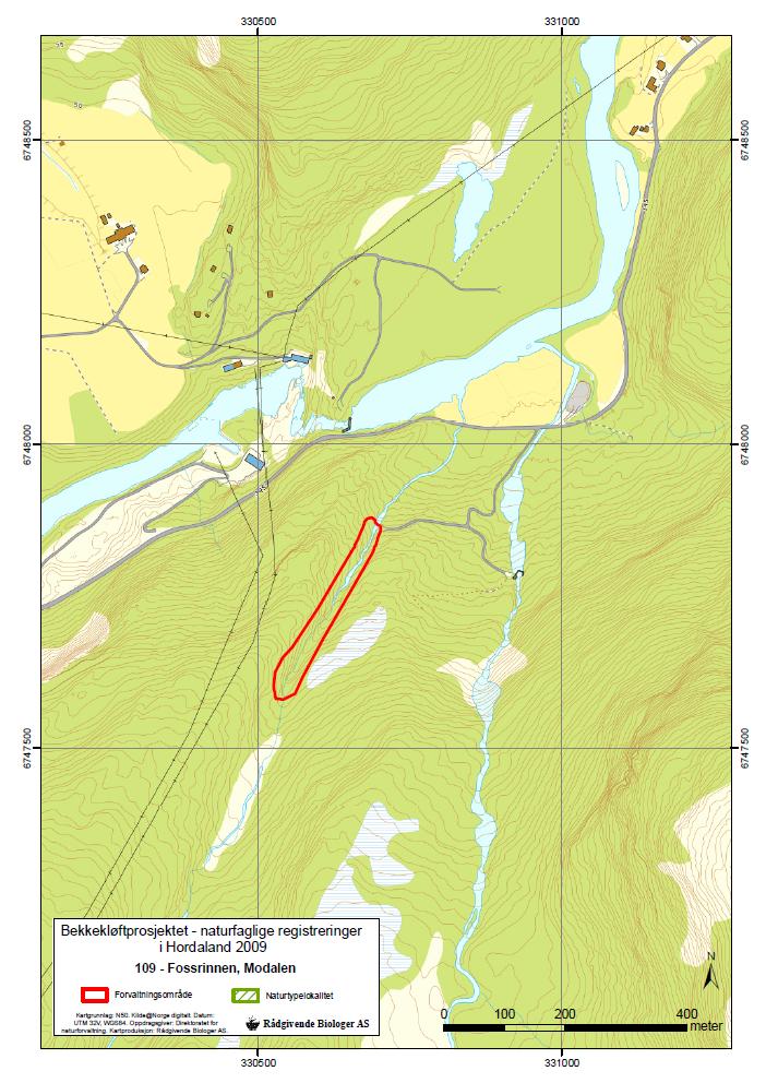 Figur 10. Kart over forvaltningsområdet for Fosserinnen, Almelidalen (lok. 109) i Modalen.