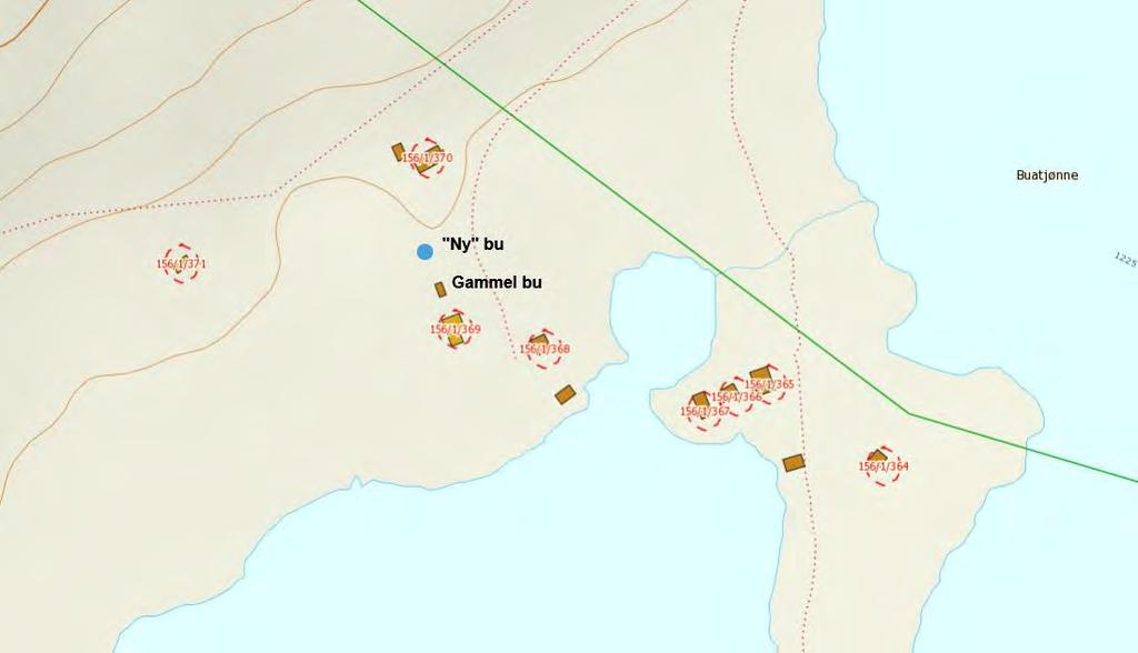 Kart 2: Plassering av den gamle bua til Jon Nørstebø (brun firkant) og den «nye»