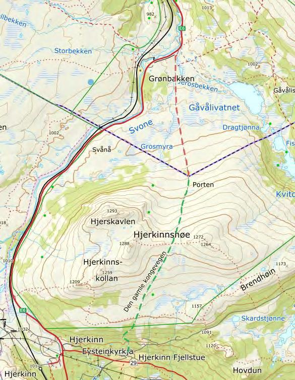 Kart - Gamle Kongevei Hjerkinn fjellstue Jøroskloppa Grønt ferdig. Rødt - gjenstår Felles befaring med forvalter, representanter for vegvesenet og entreprenøren og kongevegprosjektet var4. oktober.