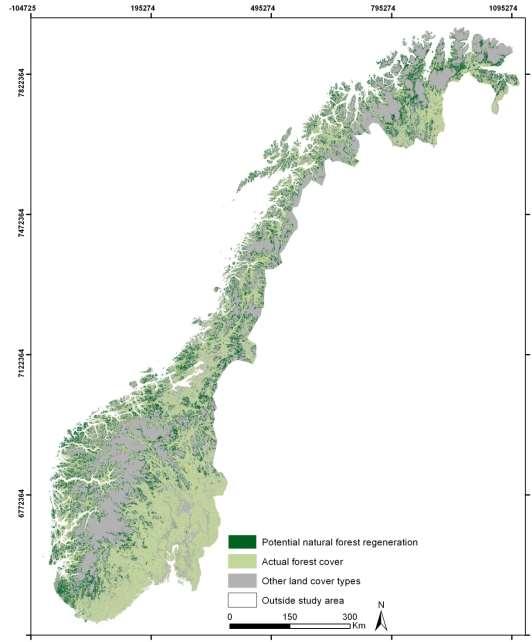 land use abandonment, in a long-term perspective, has the potential to cause natural forest regeneration of 48,800 km 2, or 15.9% of mainland Norway. Bryn et al.