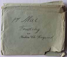 17. mai-talen funnet etter min far. Bildet til venstre viser konvolutten hvor «foredraget» lå, mens bildet til høyre viser starten på et 17-siders håndskrevet manuskript. Skrevet for 96 år siden.