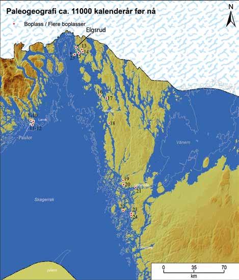 Figur 6: Landskapet i Oslofjordsregionen ca. 9000 f.kr. (11 000 kalenderår før nå). Punktene markerer steinalderboplasser fra pionerfasen (dvs. frem til ca. 8300 f.kr.). Nr.