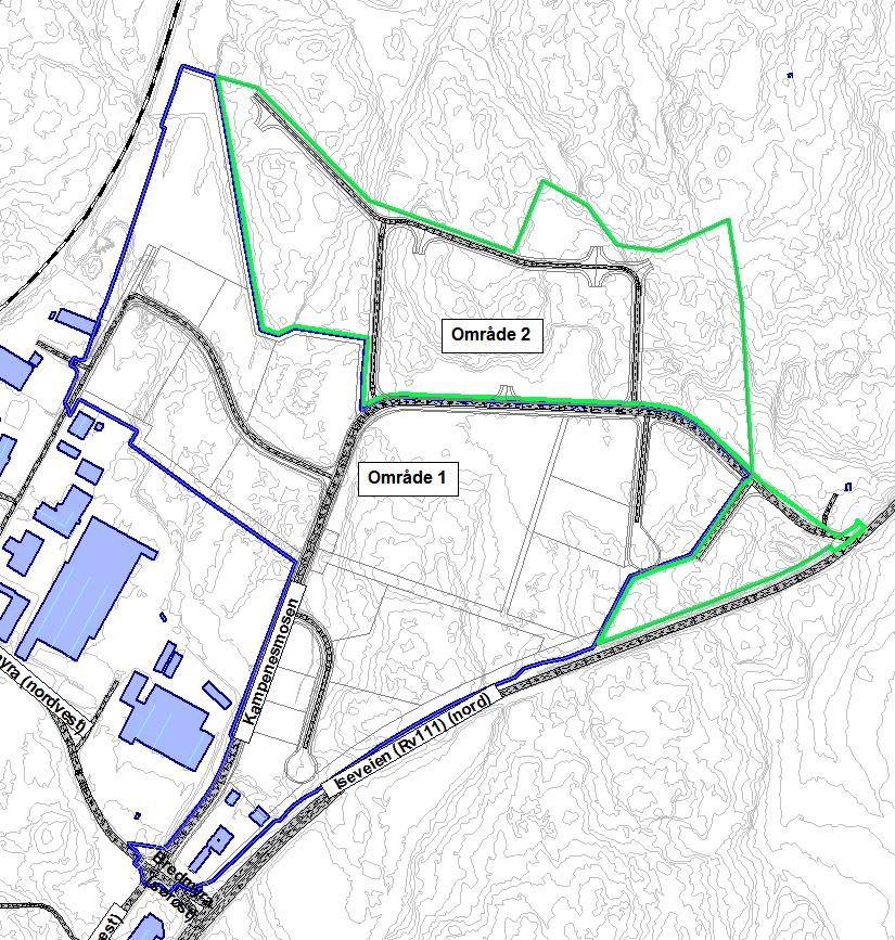 HOLTESKOGEN NÆRINGSOMRÅDE - KONSEKVENSUTREDNING 3/13 Figur 1 Oversikt over inndelt planområde. Område 1 markert i blått, område 2 markert i grønt.