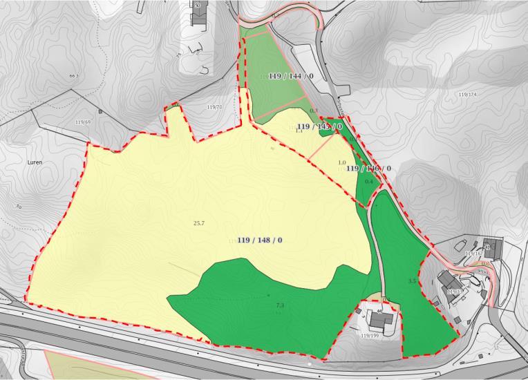 Grønn ellipse viser beliggenheten til området som ønskes omdisponert. Registreringer for området Landbruk Området domineres av innmarksbeite, og omfatter ellers skog med særs høy, eller høy, bonitet.