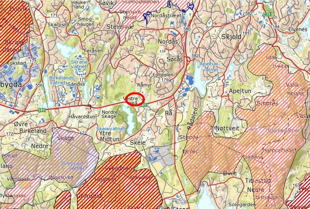 Registrerte friluftsområder (kilde: kart.ivest.no, Hordaland fylkeskommune). Beliggenheten til området som ønskes omdisponert er vist med rød ellipse.