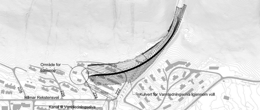 5.5 Sikringsløsning KB2_03: Svingvoll ved utløp av Vannledningsdalen Denne sikringsløsningen består av tiltakene vist i Tabell 15. Foreslått plassering av svingvollen og bassenget er vist i Figur 20.