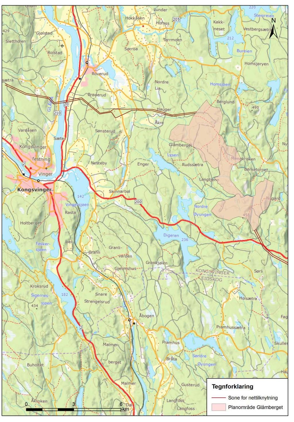 Figur 2. Planområde for Glåmberget, Kart: Sweco E.ON vurderer at det kan være mulig å plassere totalt inntil ca. 30 vindturbiner innenfor det meldte arealet.