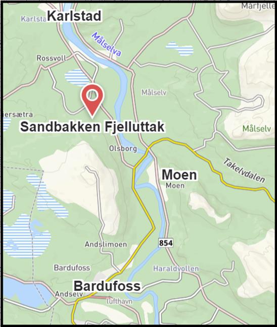 5 Beskrivelse av planområdet, eksisterende forhold Planområdet ligger på Gnr. 58 Bnr. 1 Sandbakken i Målselv kommune.