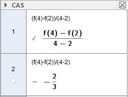 Jeg skriver inn funksjonen på skrivelinjen i GeoGebra og regner i CAS. Vi ser at vekstfarten er lik stigningstallet.