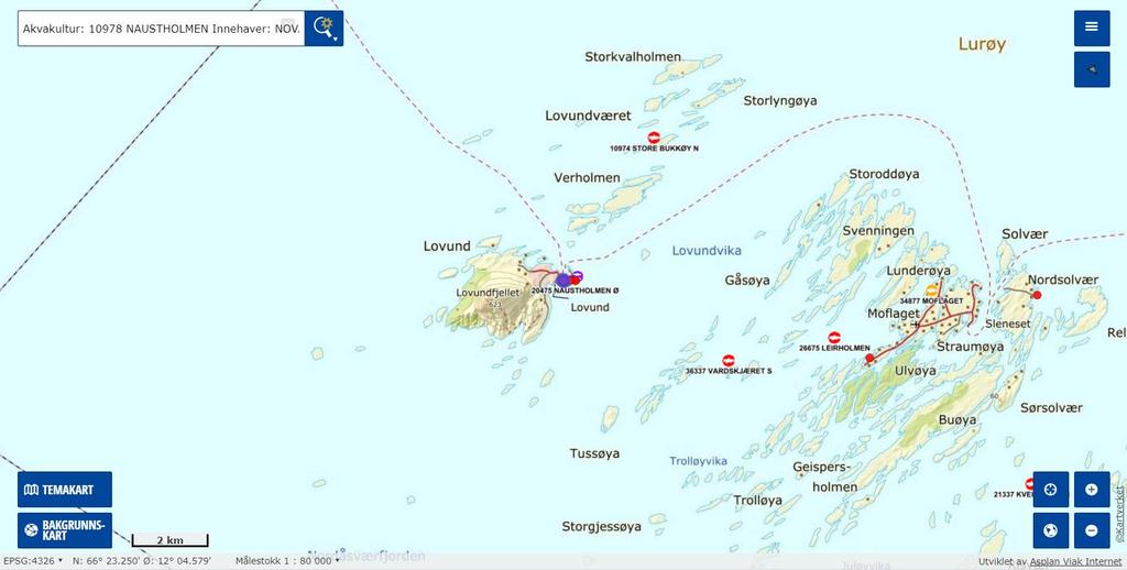 Figur 2: Oversiktskart med plasseringen av anlegget (rød firkant) i forhold til andre anlegg. Målestokk 1:80 000. Kilde: Fiskeridirektoratets kartløsning. 1.2. Utstyr Prøveinnsamling Prøvene ble tatt ved bruk av en 250 cm 2 Van Veen grabb, og sedimentet ble skylt over en 1mm sikt.