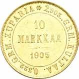 Utenlandske gullmynter 964 Nikolai II, 10 markkaa 1905 F.6 KM.8.2 0/01 18 000 965 Nikolai II, 10 markkaa 1913 F.