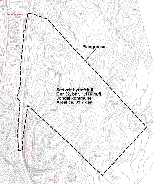 Planområdet omfattar plan for Sætveit hyttefelt som ikkje er bygd ut, samt tilgrensande ubygde skogsareal til planen. Tilkomst til planområdet vil vere frå fylkesvegen.