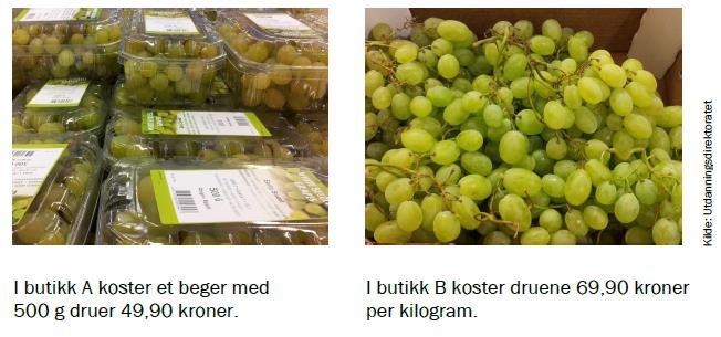Eksamen MAT 1011 Matematikk 1P Høsten 2012 Oppgave 1 (2 poeng) En dag har butikk A følgende tilbud: Du skal kjøpe 1,5 kg druer. I hvilken butikk lønner det seg å handle?