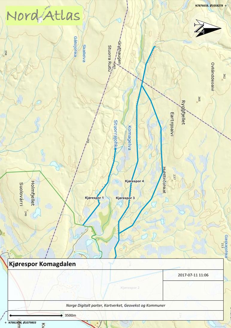 Kart over omsøkte traseer 2017. Regelverket Søknaden er behandlet etter verneforskriften for Varangerhalvøya nasjonalpark og naturmangfoldloven (NML).